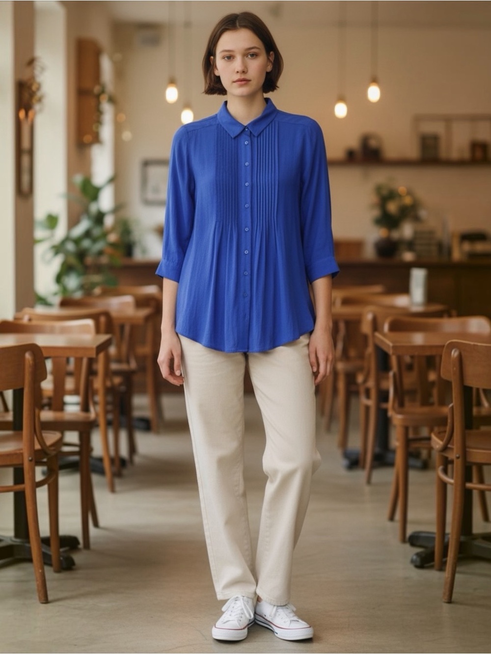 Royal Blue Pintuck Pleated Button Front Blouse 3/4 Sleeve Career Top